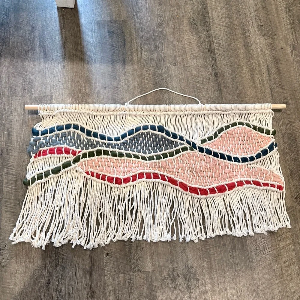 Handmade Cream Macramé Wall Hanging with Pink, Navy, Olive & Red Accents